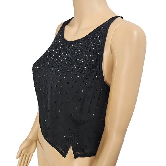 Black Sequin Crystal Beads Formal Halter Top Cropped 100% Silk Sleeveless SZ 10 - Picture 2 of 7